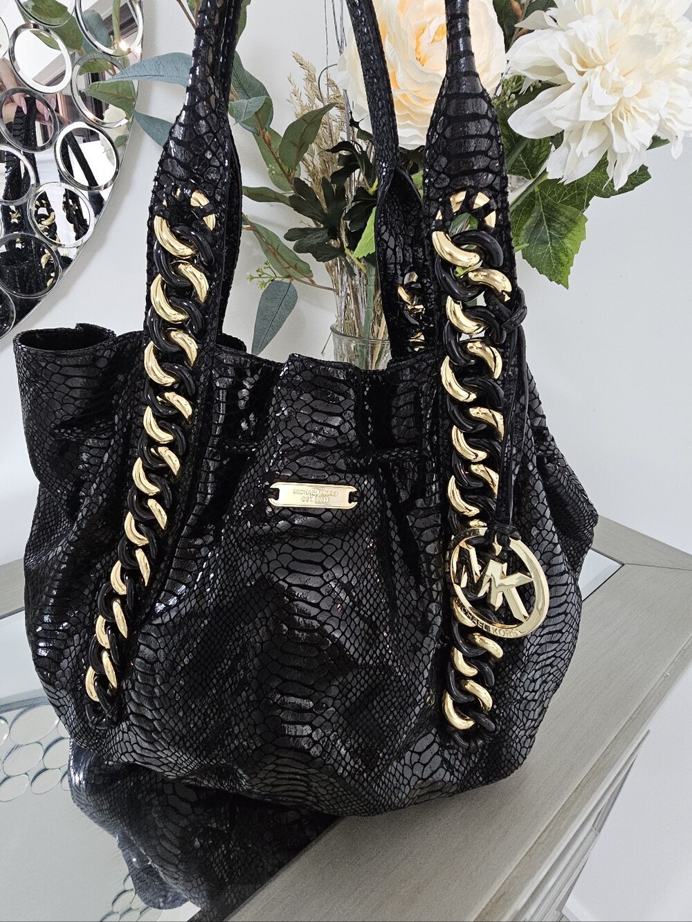 Michael Kors Id Chain Snake Embossed  Black Hobo Bag
